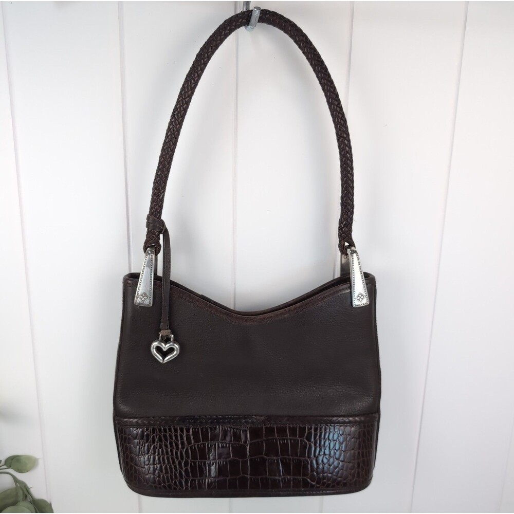 VTG Brighton Gina Shoulder Bag Brown Pebble Leather Croc Trim Braided Strap Y2K